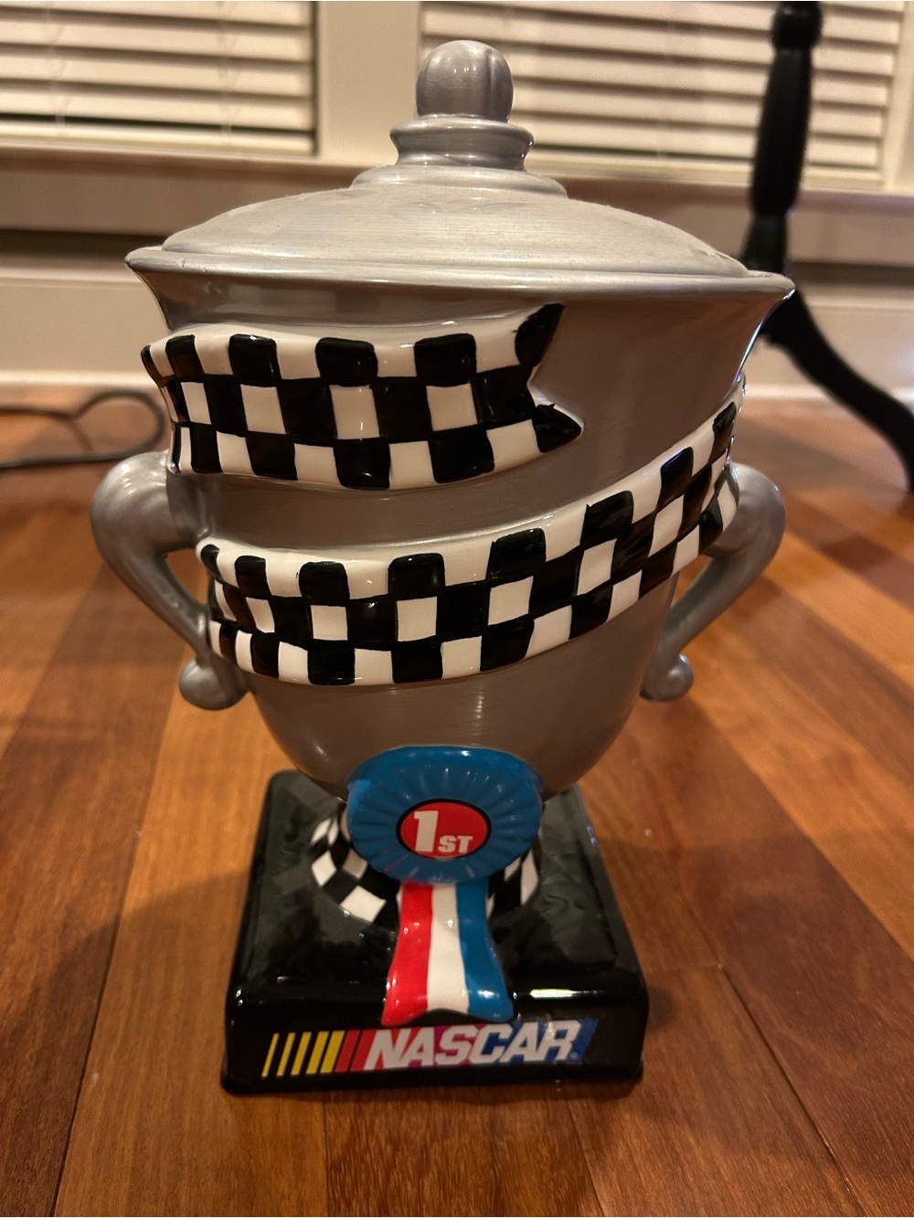 Gibson Vintage Nascar Trophy Cookie Jar 2002 with Black Checkers and Blue Ribbon